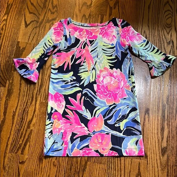 Lilly Pulitzer girls mini Sophie Ruffle Dress High Tide Navy Tropicolada XL NWT